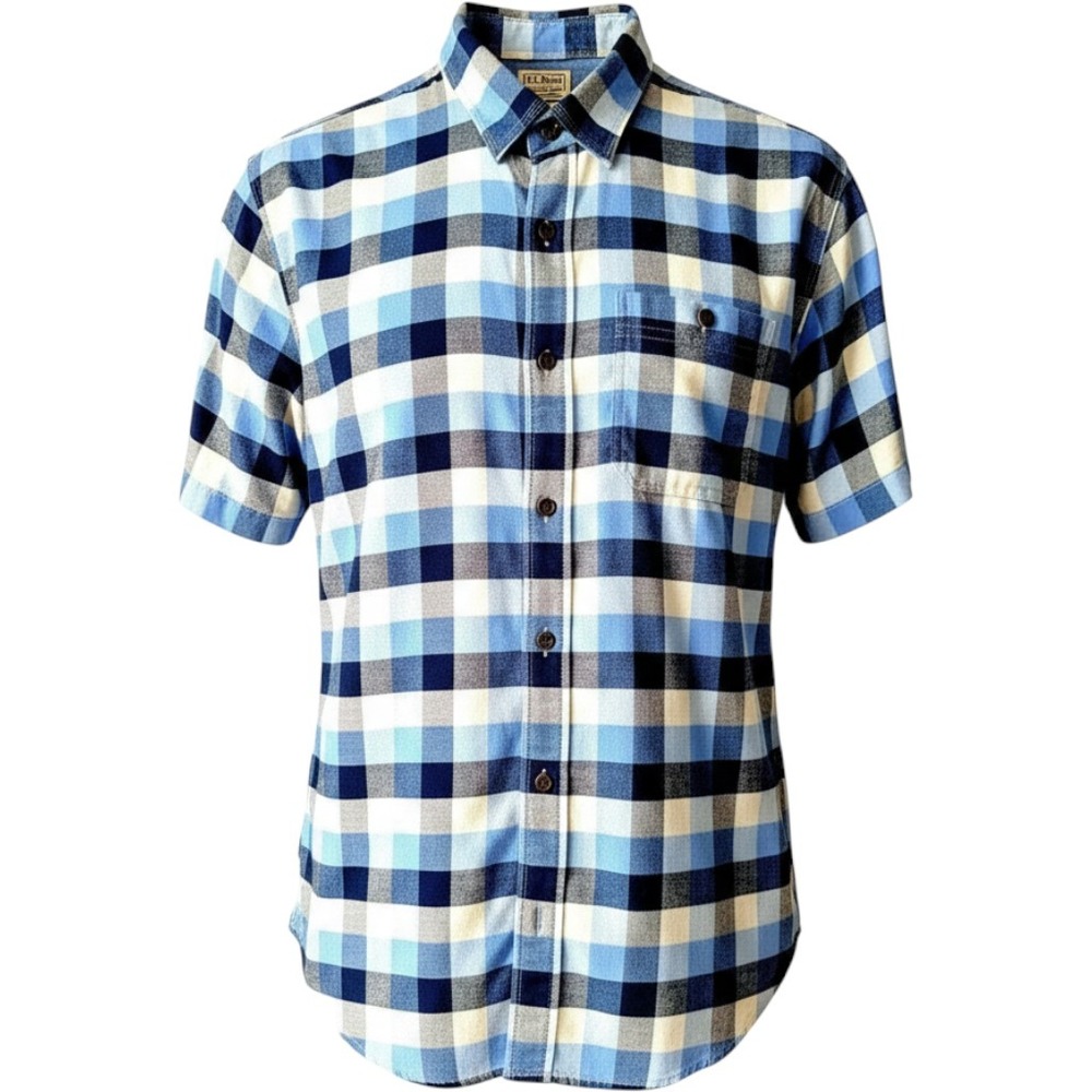 LL Bean Mens Large Blue Buffalo Check Short Sleeve Flannel Shirt
